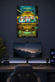 The Life Aquatic with Steve Zissou Movie Poster in a gaming desk setup above a monitor.