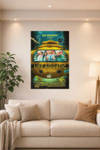 The Life Aquatic with Steve Zissou Movie Poster in a bright living room above a beige sofa.