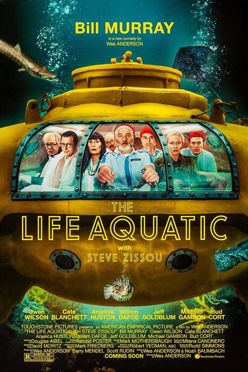 The Life Aquatic movie poster features Steve Zissou and crew in a yellow submarine beneath fish and bubbles.