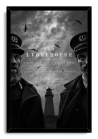 The Lighthouse framed wall art print displays monochrome sailor portraits around a central lighthouse, with seabirds and film title text.