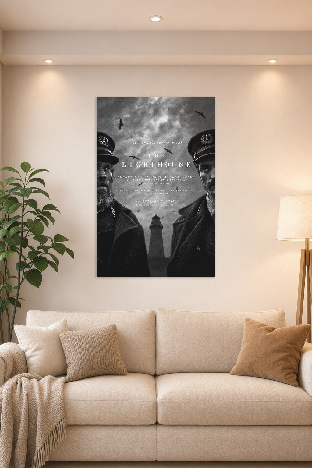 The Lighthouse Movie in a bright living room above a beige sofa.