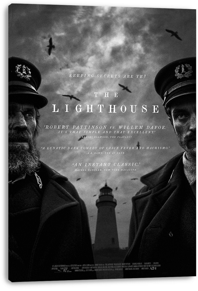 The Lighthouse canvas wall art print presents two stern men in caps, title text, seabirds, and a distant lighthouse under clouds.