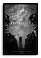 The Lighthouse framed wall art print displays a monochrome film poster of two lighthouse keepers, birds, cloudy sky, and central tower.