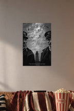 The Lighthouse Movie Robert Pattinson Willem Dafoe in a cozy movie room above a brown sofa with popcorn.