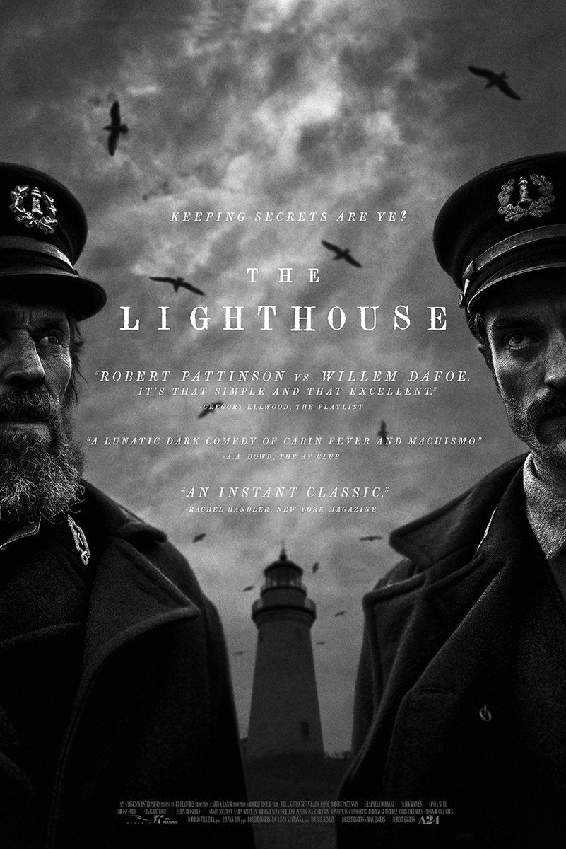 The Lighthouse poster features two uniformed men flanking a lighthouse beneath stormy skies and flying seabirds in black and white.