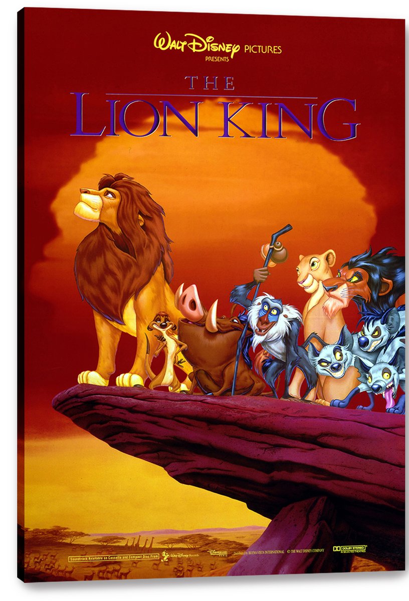 The Lion King canvas wall art print displays Mufasa and the animated cast gathered on Pride Rock beneath a glowing orange sky.