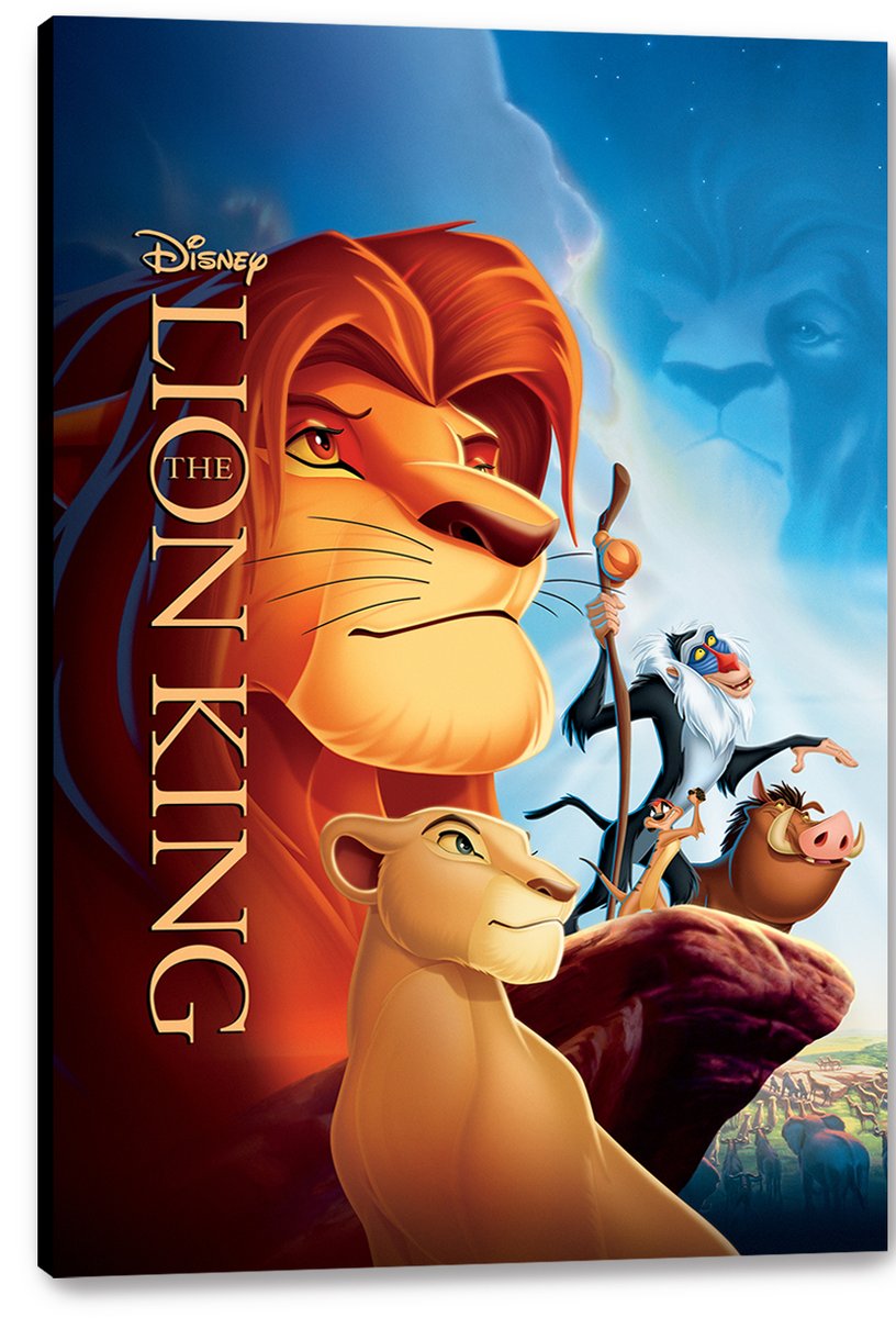 The Lion King canvas wall art print presents Simba, Nala, Rafiki, Timon, and Pumbaa beneath Mufasa's sky portrait.