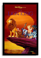Framed The Lion King wall art print presents Mufasa, Rafiki, Timon, Pumbaa, Nala, Scar, and hyenas on a rocky ledge.