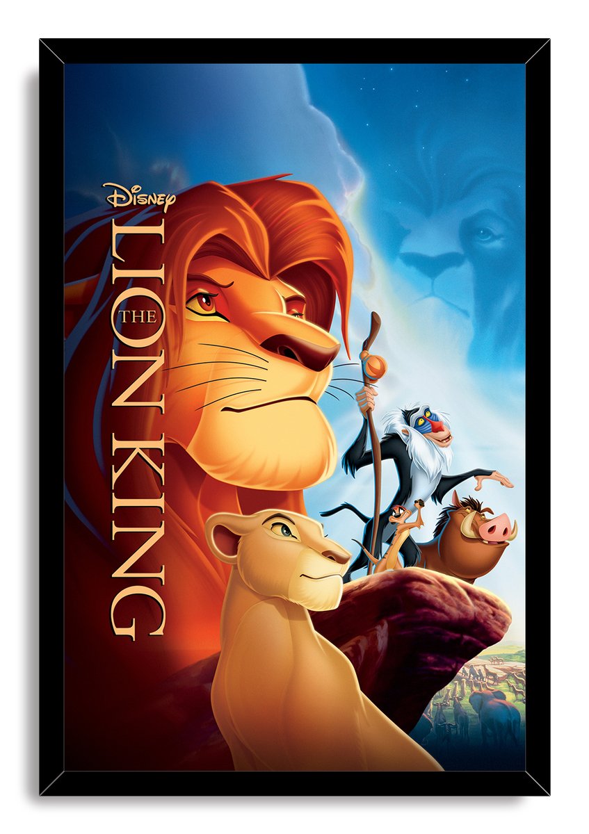 Framed The Lion King wall art print depicts Simba, Nala, Rafiki, Timon, and Pumbaa on Pride Rock under Mufasa's face.