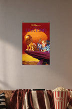 The Lion King in a cozy movie room above a brown sofa with popcorn.