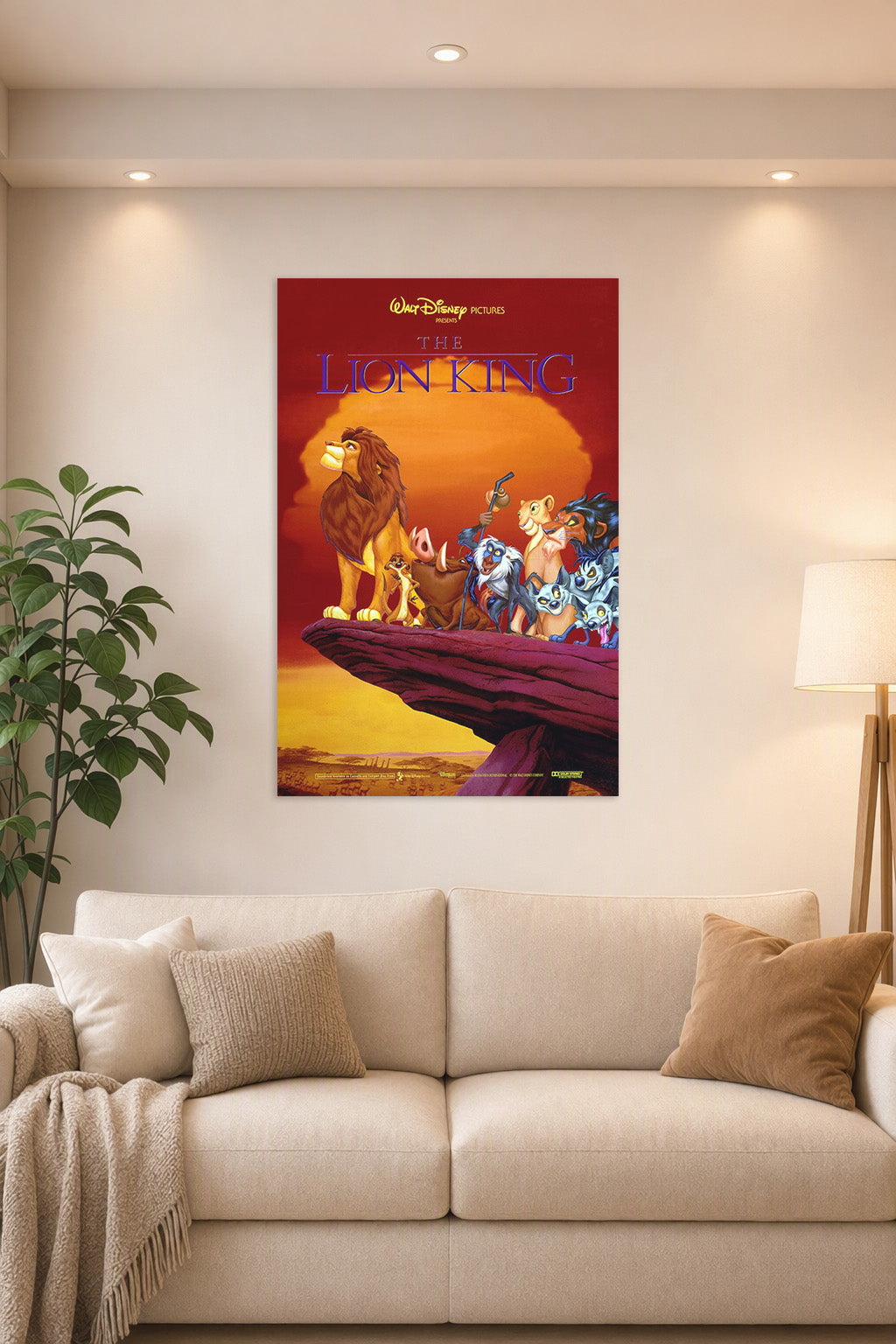 The Lion King in a bright living room above a beige sofa.