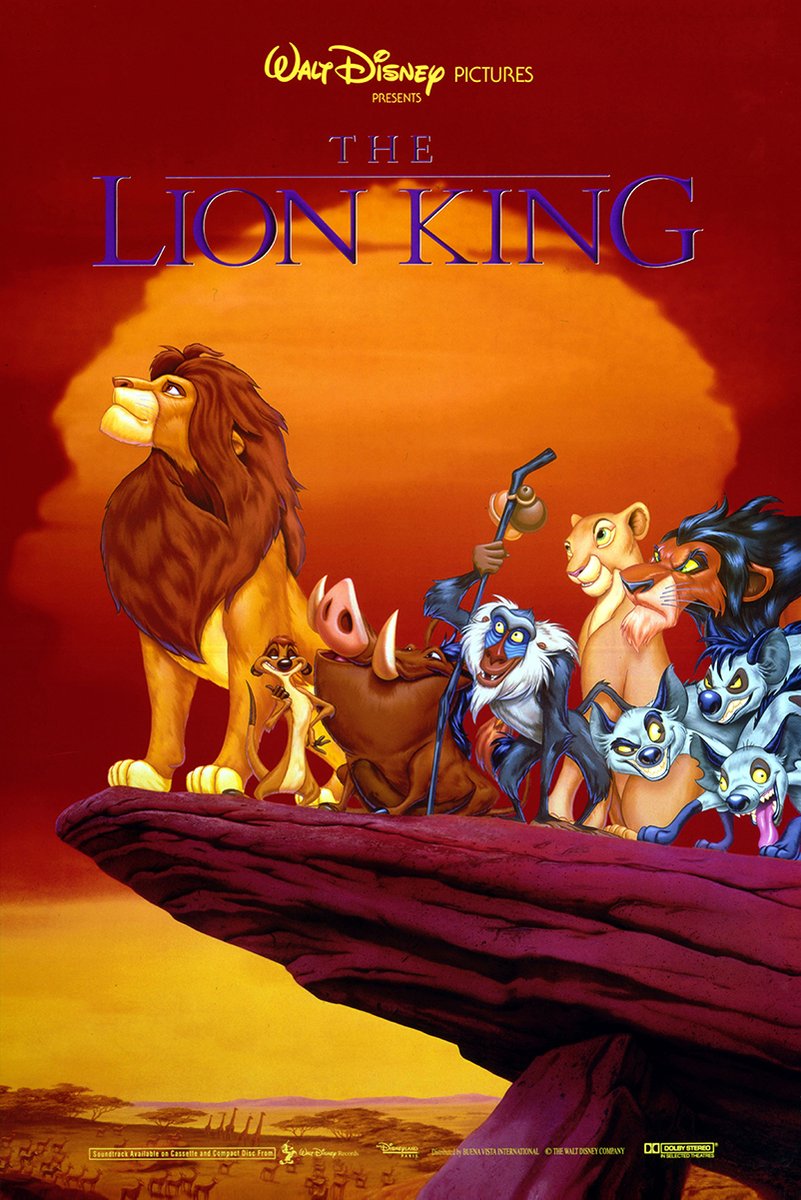 The Lion King poster features Mufasa, Timon, Pumbaa, Rafiki, Scar, Nala, and hyenas on Pride Rock at sunset.