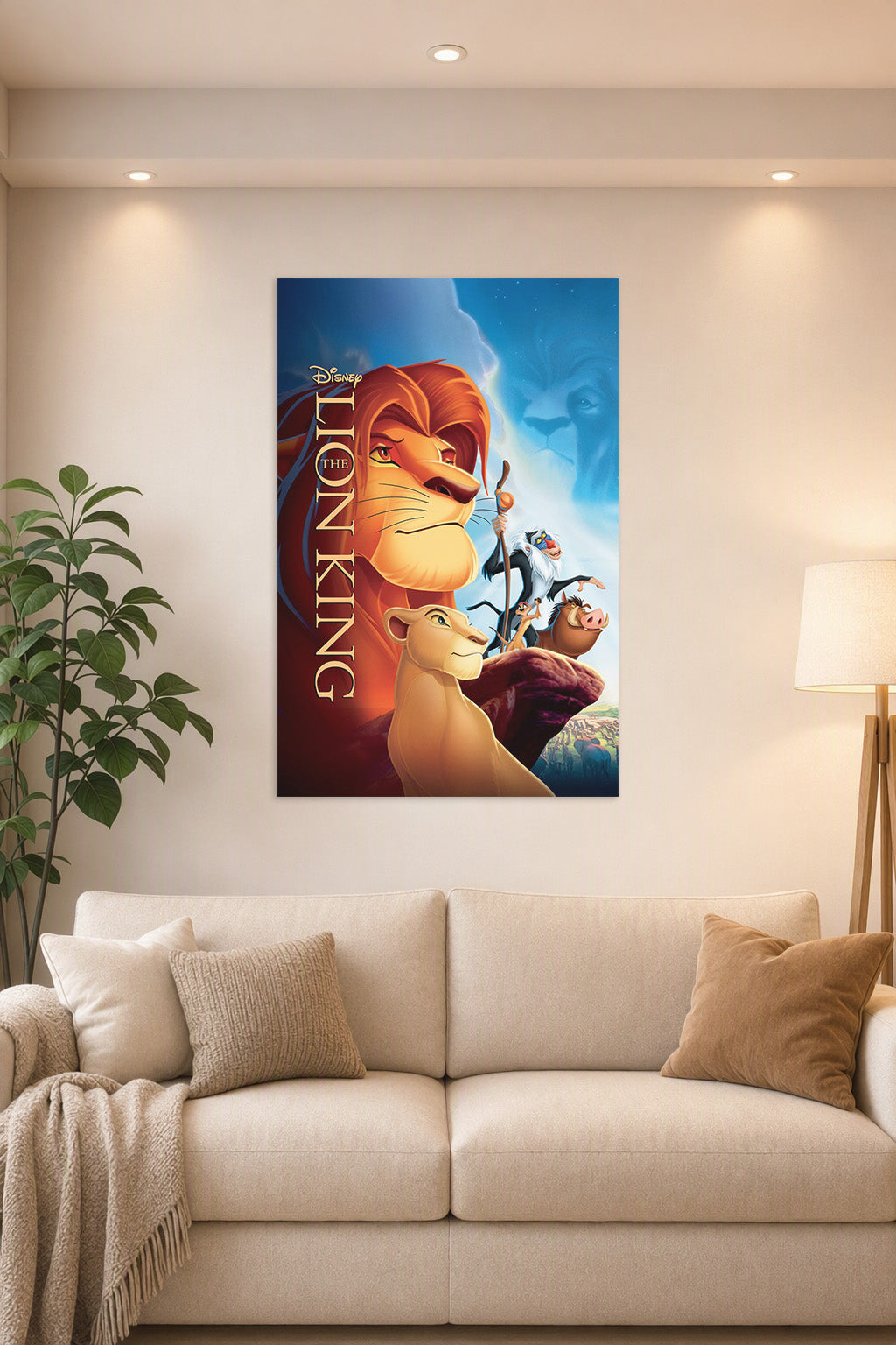 The Lion King in a bright living room above a beige sofa.