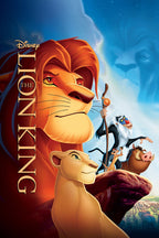 The Lion King poster features Simba and Nala before Pride Rock with Rafiki, Timon, Pumbaa, and Mufasa in blue clouds.