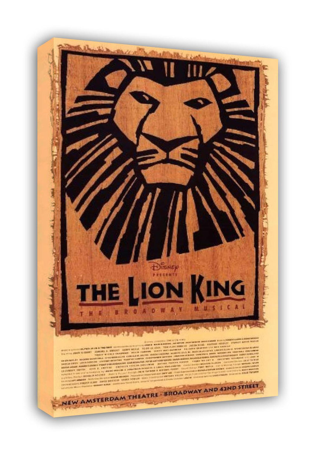 The Lion King wall art print is presented as a thick canvas, with a black lion mask design and Broadway musical lettering.
