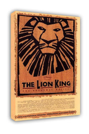 The Lion King wall art print is presented as a thick canvas, with a black lion mask design and Broadway musical lettering.