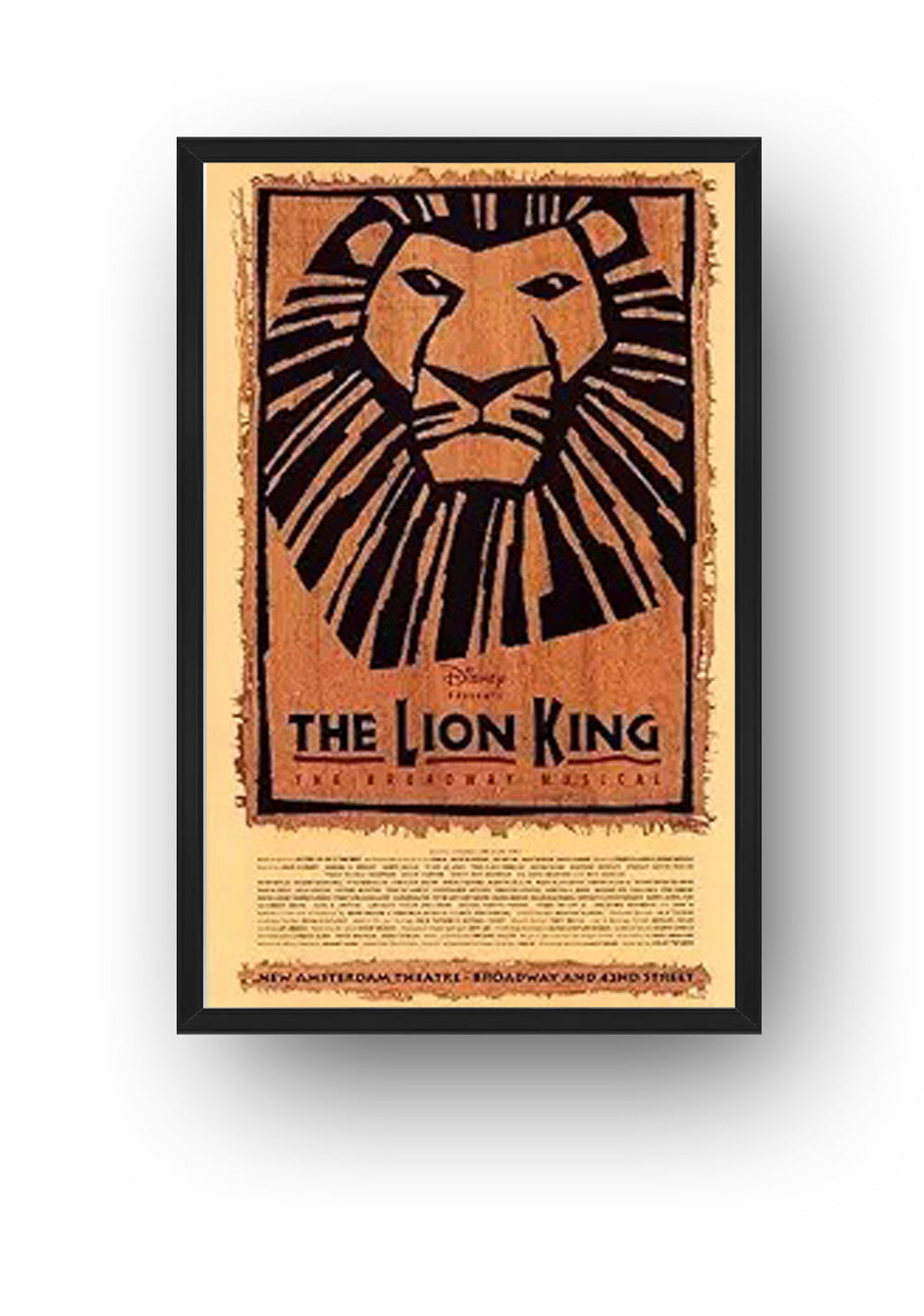 The Lion King framed wall art print features the iconic black lion graphic, distressed brown border, and Broadway theater text.
