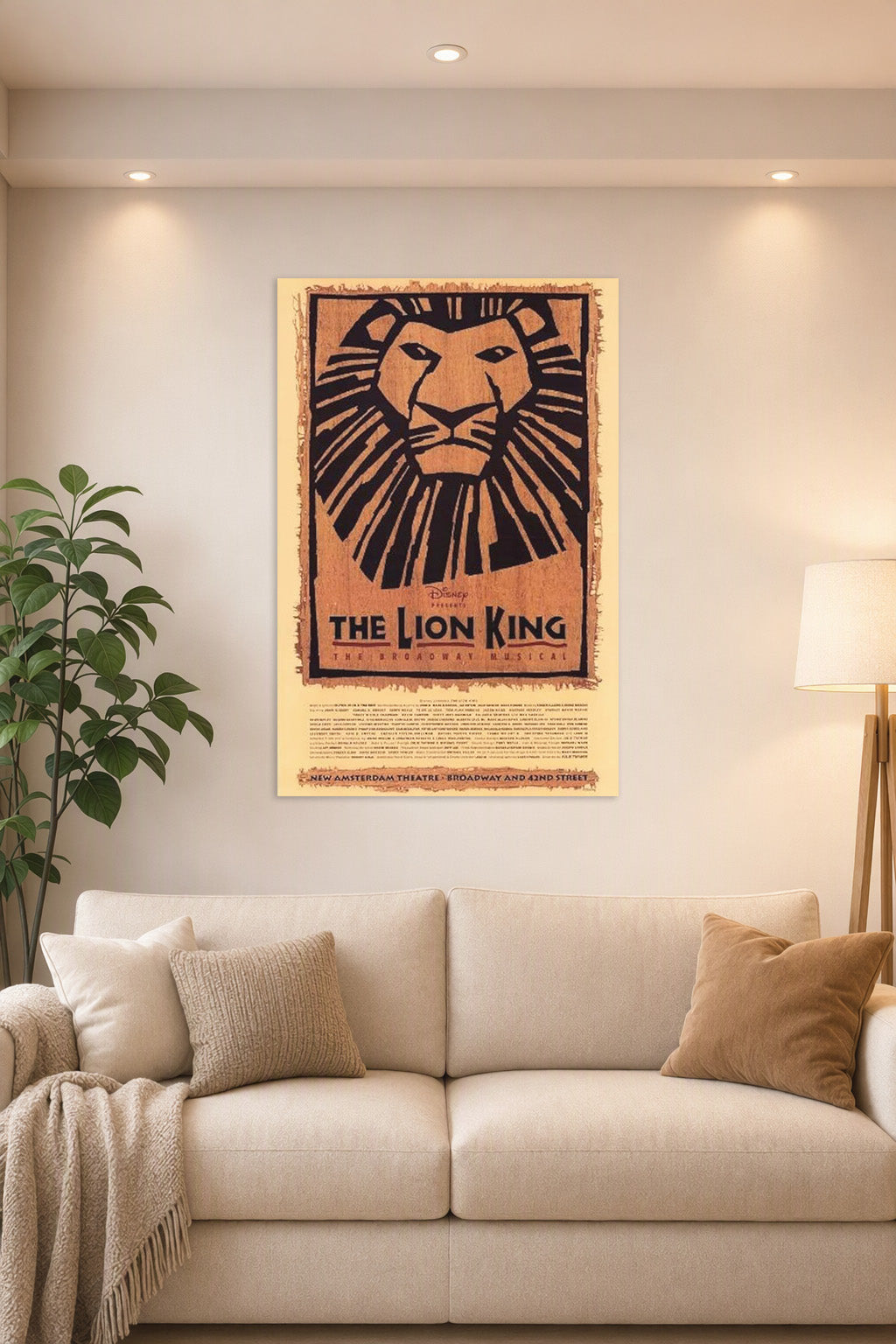 The Lion King The Broadway Musical Poster Broadway Theater Play in a bright living room above a beige sofa.