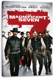 The Magnificent Seven canvas wall art print featuring seven gunmen in cowboy hats against a white and red paint-splatter backdrop.