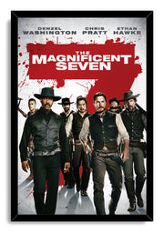 The Magnificent Seven framed wall art print with a black border, seven Western gunmen, and a large red title block.