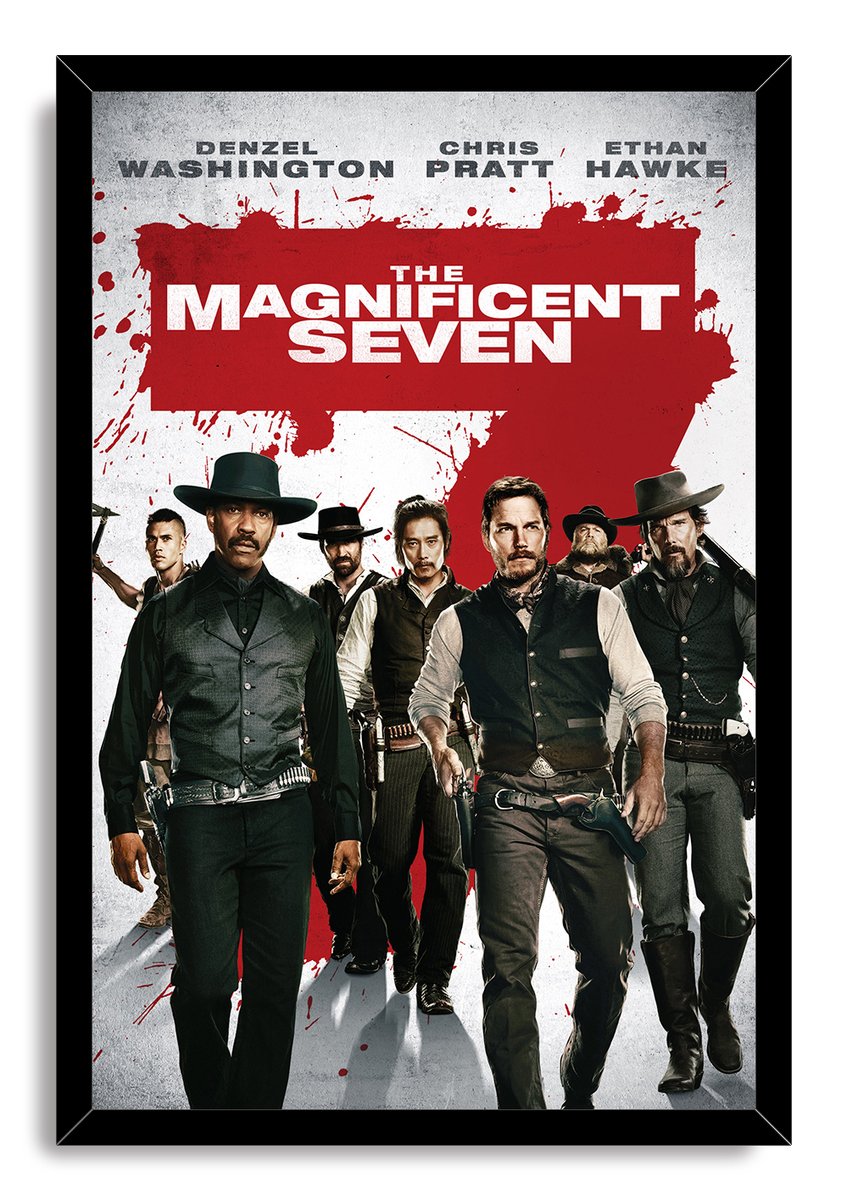The Magnificent Seven framed wall art print with a black border, seven Western gunmen, and a large red title block.