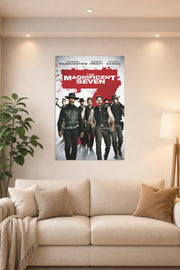The Magnificent Seven Movie Poster in a bright living room above a beige sofa.