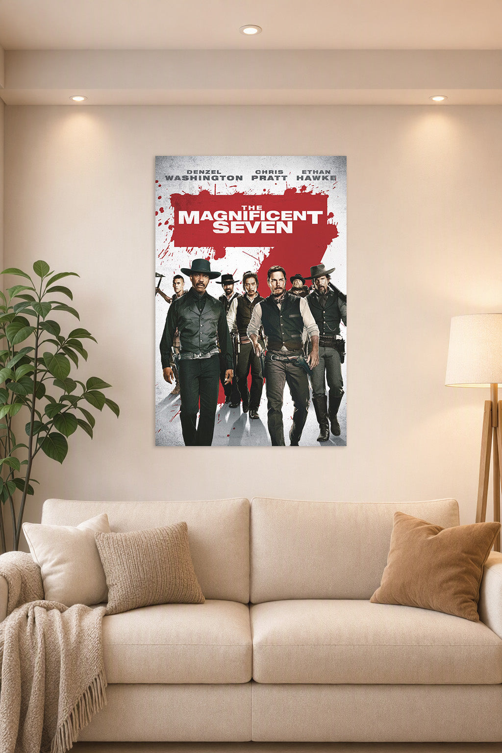 The Magnificent Seven Movie Poster in a bright living room above a beige sofa.