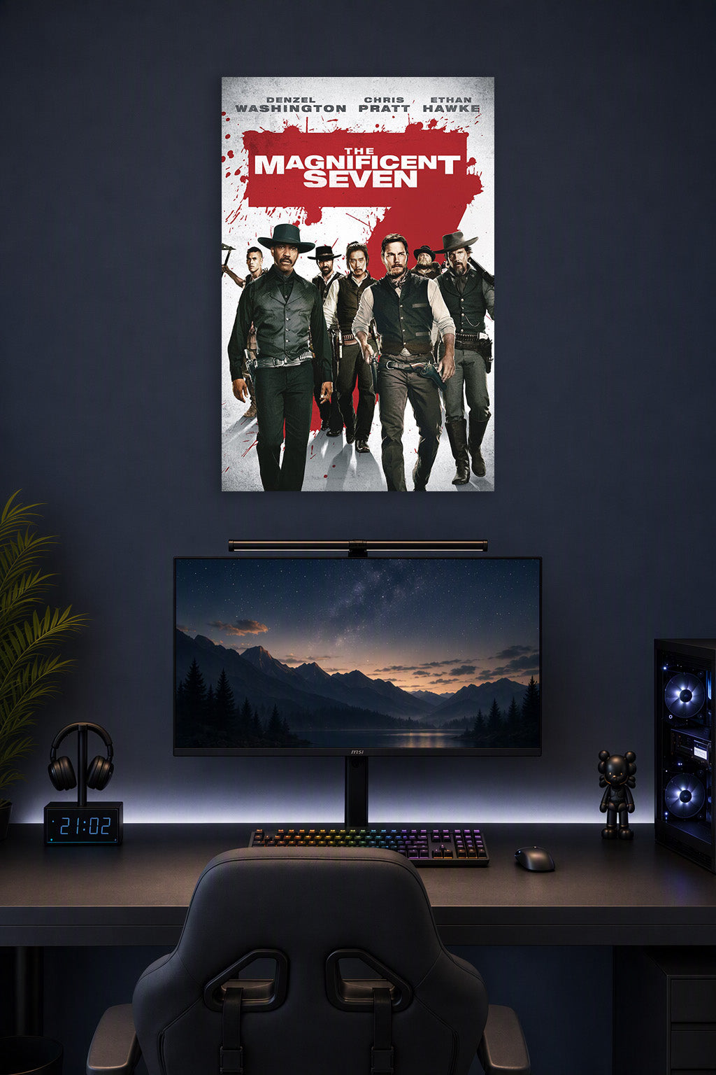 The Magnificent Seven Movie Poster in a gaming desk setup above a monitor.
