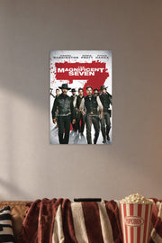The Magnificent Seven Movie Poster in a cozy movie room above a brown sofa with popcorn.