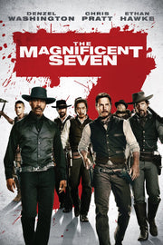 The Magnificent Seven movie poster wall art print with seven armed Western men beneath bold red title graphics.