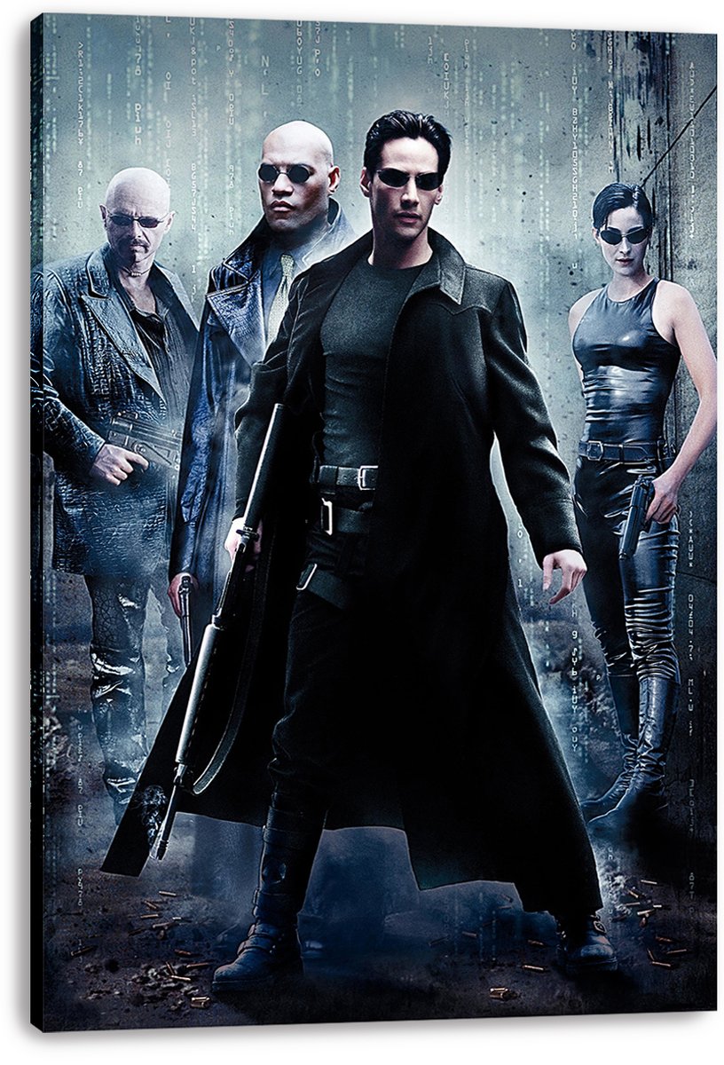 The Matrix canvas wall art print displays Neo holding a rifle with Morpheus, Trinity, and a bald man in dark sunglasses.