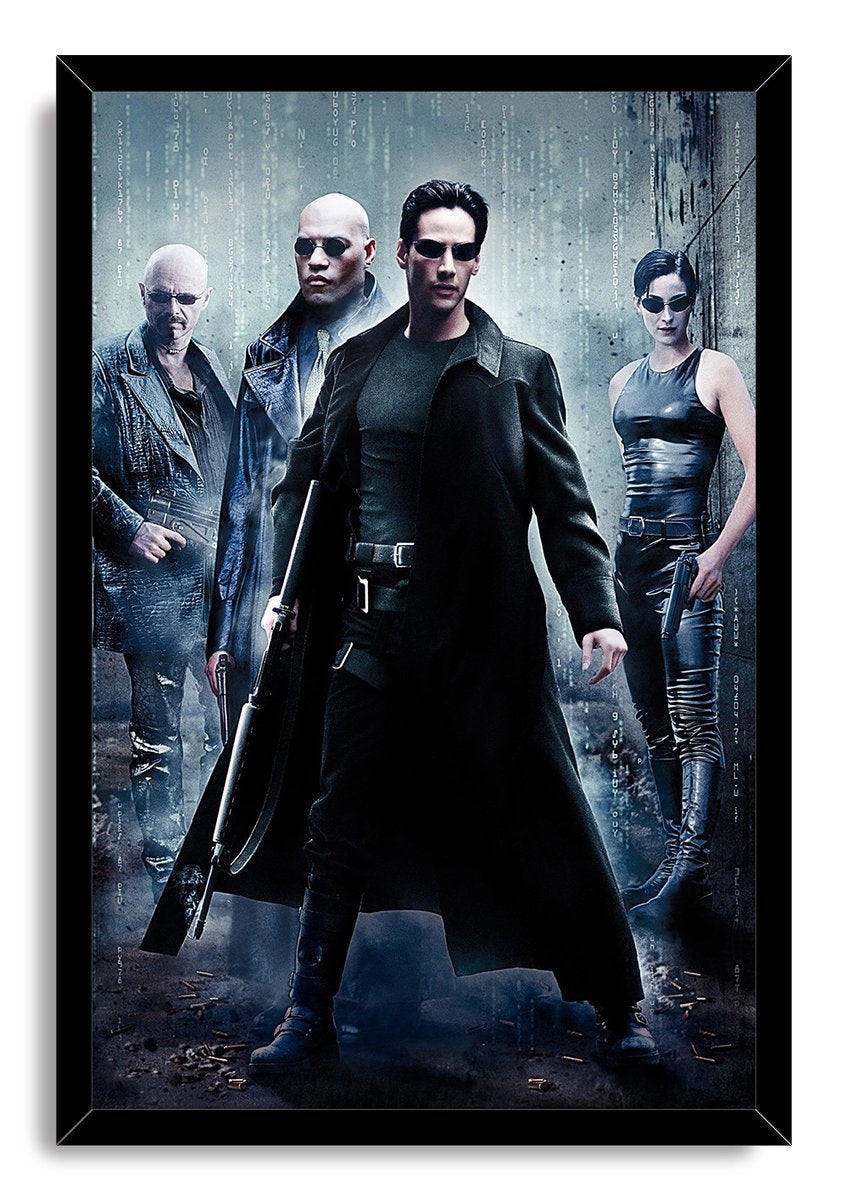 The Matrix framed wall art print features Neo standing with a rifle before Morpheus, Trinity, and Cypher against falling code.