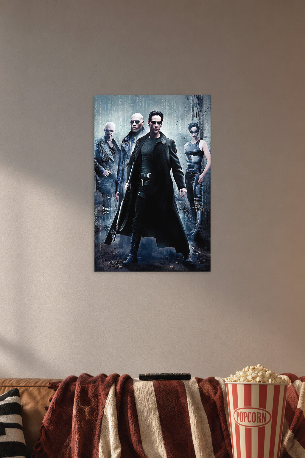 The Matrix Characters in a cozy movie room above a brown sofa with popcorn.