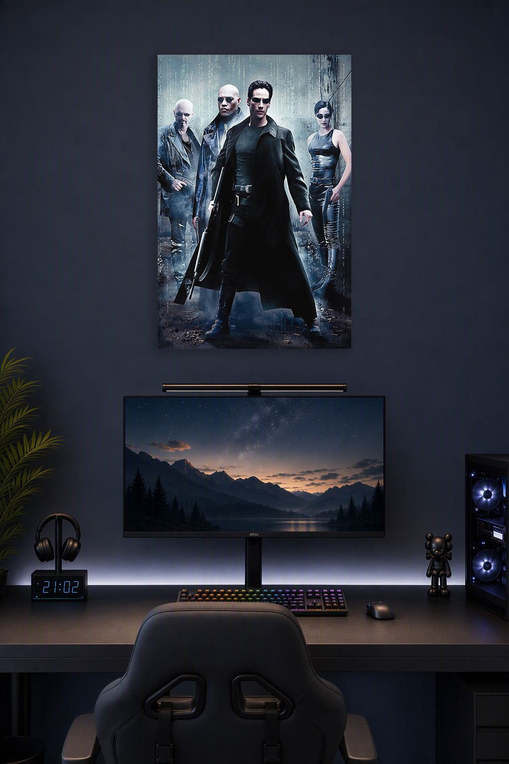 The Matrix Characters in a gaming desk setup above a monitor.