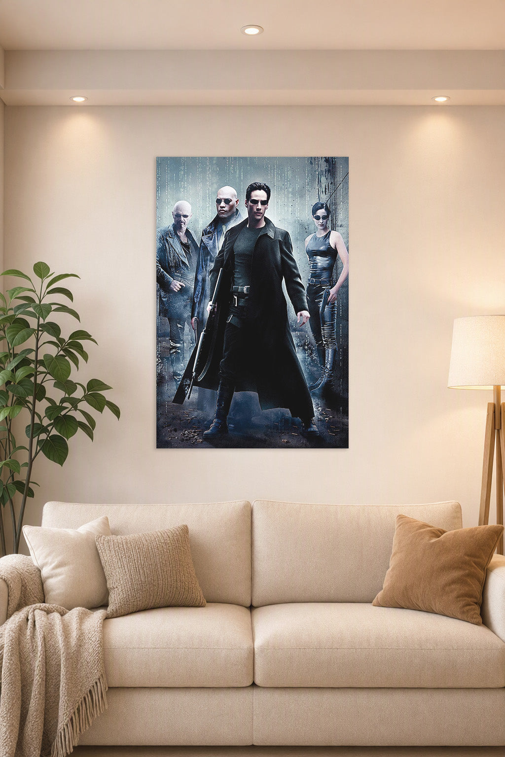 The Matrix Characters in a bright living room above a beige sofa.