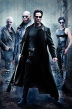 The Matrix poster features Neo with a rifle before Morpheus, Trinity, and a bald man amid blue-gray falling code.