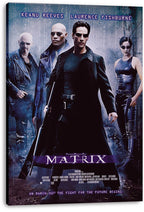 The Matrix canvas wall art print featuring four sunglassed characters in black leather against a blue code-filled background.