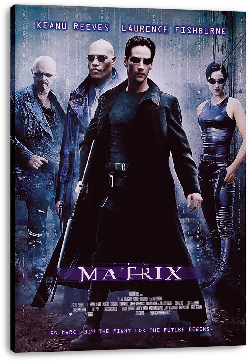 The Matrix canvas wall art print featuring four sunglassed characters in black leather against a blue code-filled background.