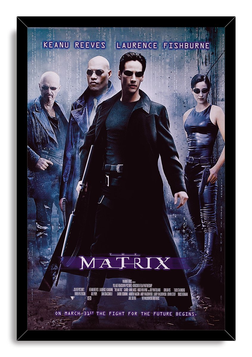 The Matrix framed wall art print with Neo holding a rifle, flanked by Morpheus, Trinity, and another armed figure.