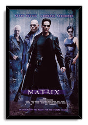 The Matrix framed wall art print with Neo holding a rifle, flanked by Morpheus, Trinity, and another armed figure.