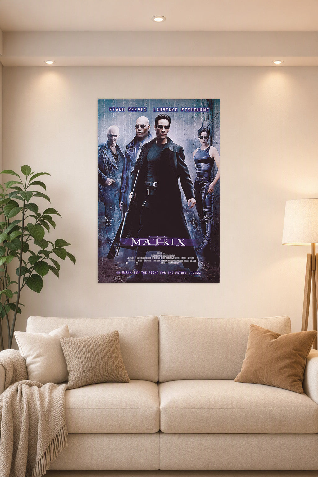 The Matrix Movie Poster in a bright living room above a beige sofa.