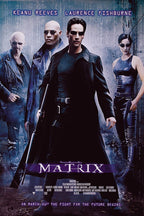 The Matrix poster featuring Neo with a rifle beside Morpheus, Trinity, and a bald man in dark blue digital rain.