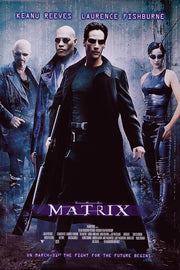 The Matrix poster featuring Neo with a rifle beside Morpheus, Trinity, and a bald man in dark blue digital rain.