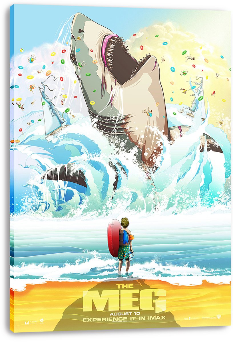 The Meg canvas wall art print features a giant open-mouthed shark amid crashing blue waves, swimmers, and colorful float rings.