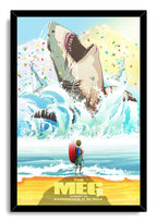 Framed The Meg wall art print portrays a huge shark bursting from the sea above a child holding a red bodyboard.
