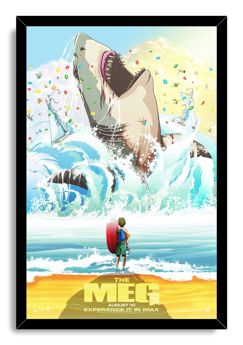 Framed The Meg wall art print portrays a huge shark bursting from the sea above a child holding a red bodyboard.