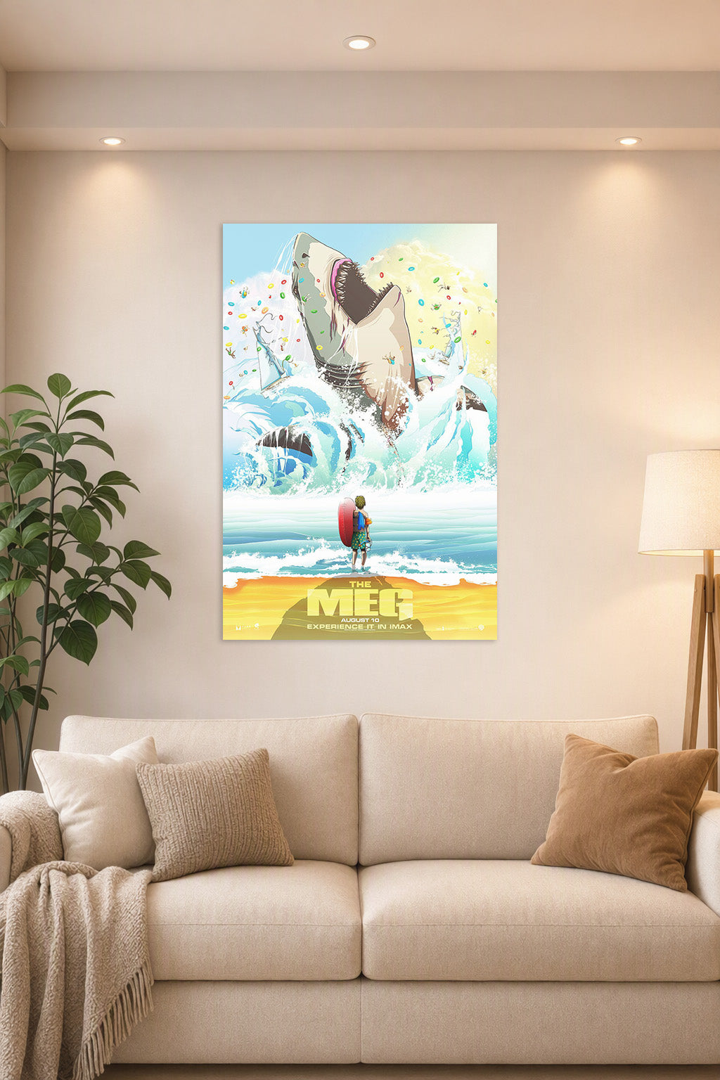 The Meg Giant Shark in a bright living room above a beige sofa.