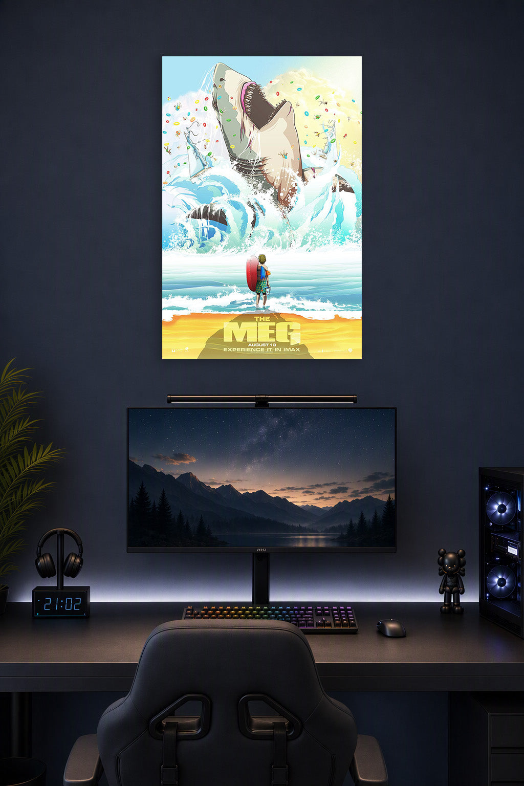 The Meg Giant Shark in a gaming desk setup above a monitor.