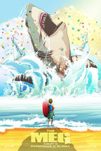 The Meg poster depicts a colossal shark leaping through turquoise waves as swimmers scatter and a child watches from shore.