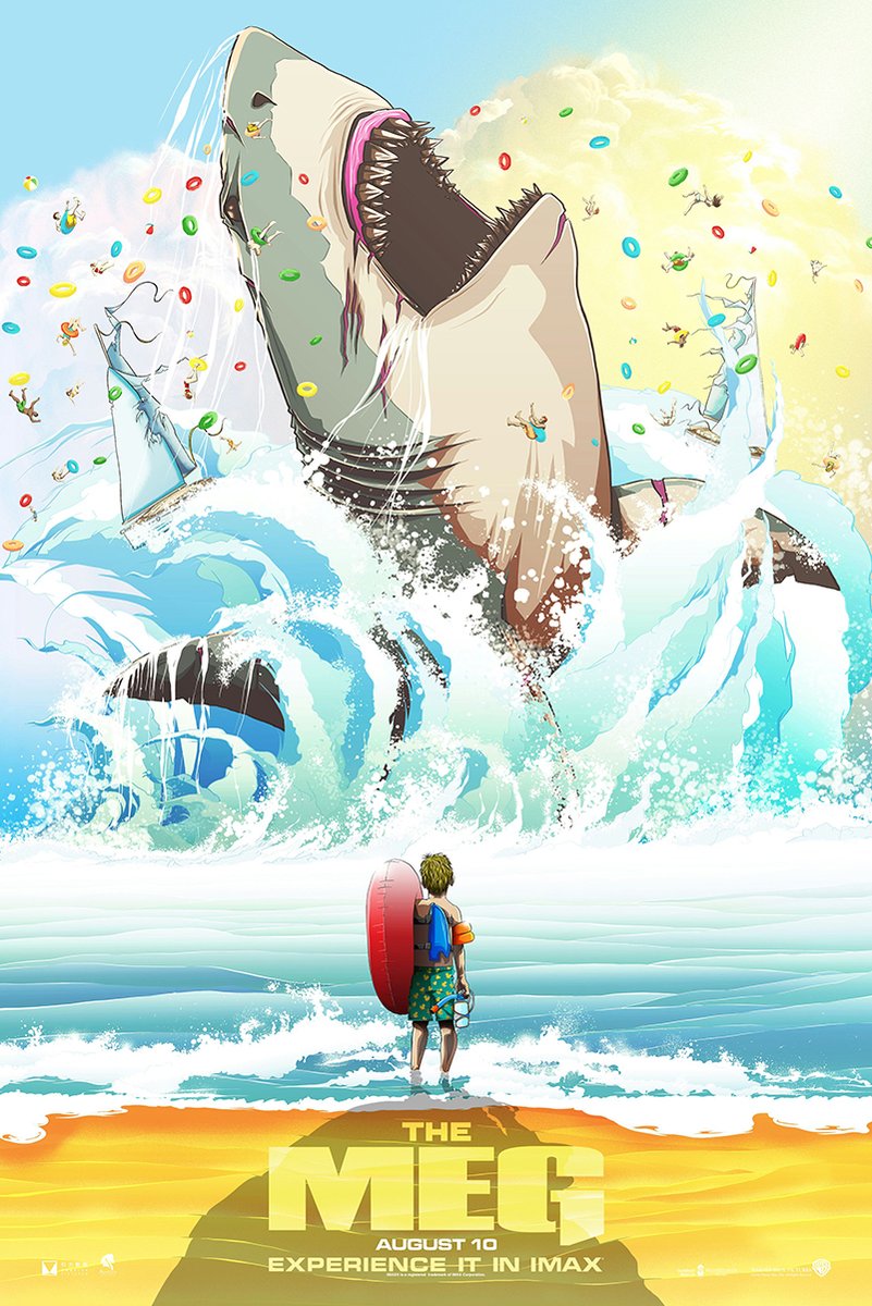 The Meg poster depicts a colossal shark leaping through turquoise waves as swimmers scatter and a child watches from shore.